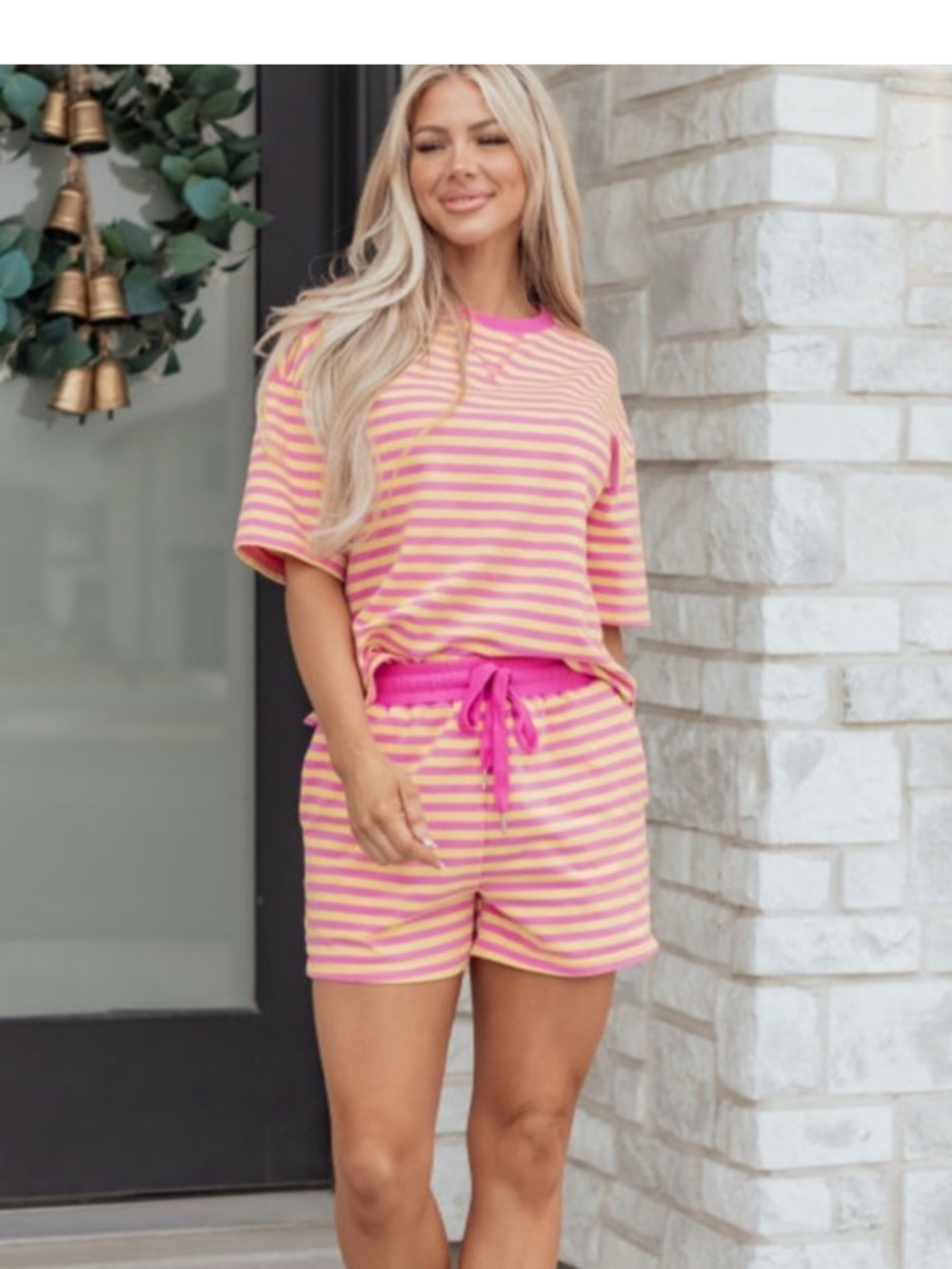 Pink & Yellow Striped Casual Drawstring Shorts Set NWOT